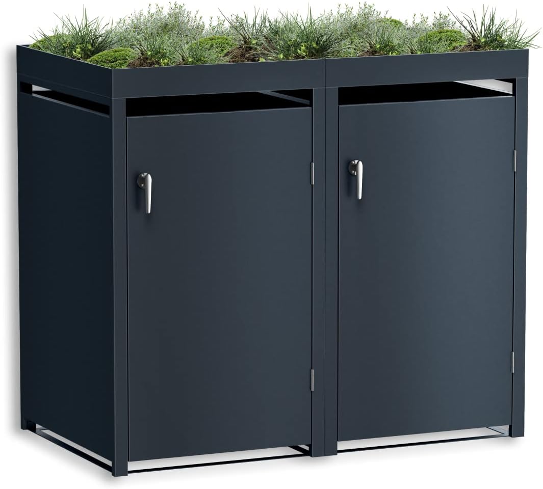 Metzler Mülltonnenbox in Anthrazit mit Pflanzdach 2er 240L Tisch, Mülltonnenverkleidung 2 Tonnen, einem Volumen von bis zu 240l hinein