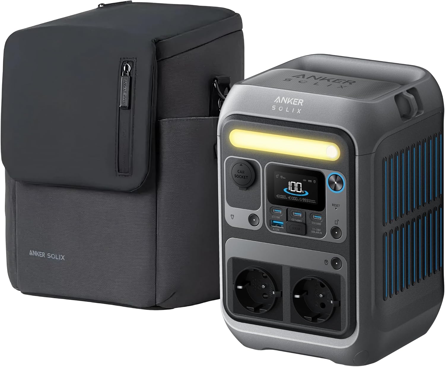 Anker SOLIX C300 Powerstation 288Wh LiFePO4 Akku, 300 W (600 W Spitze) Solargenerator mit Schutztasche, 140 W Schnellladung