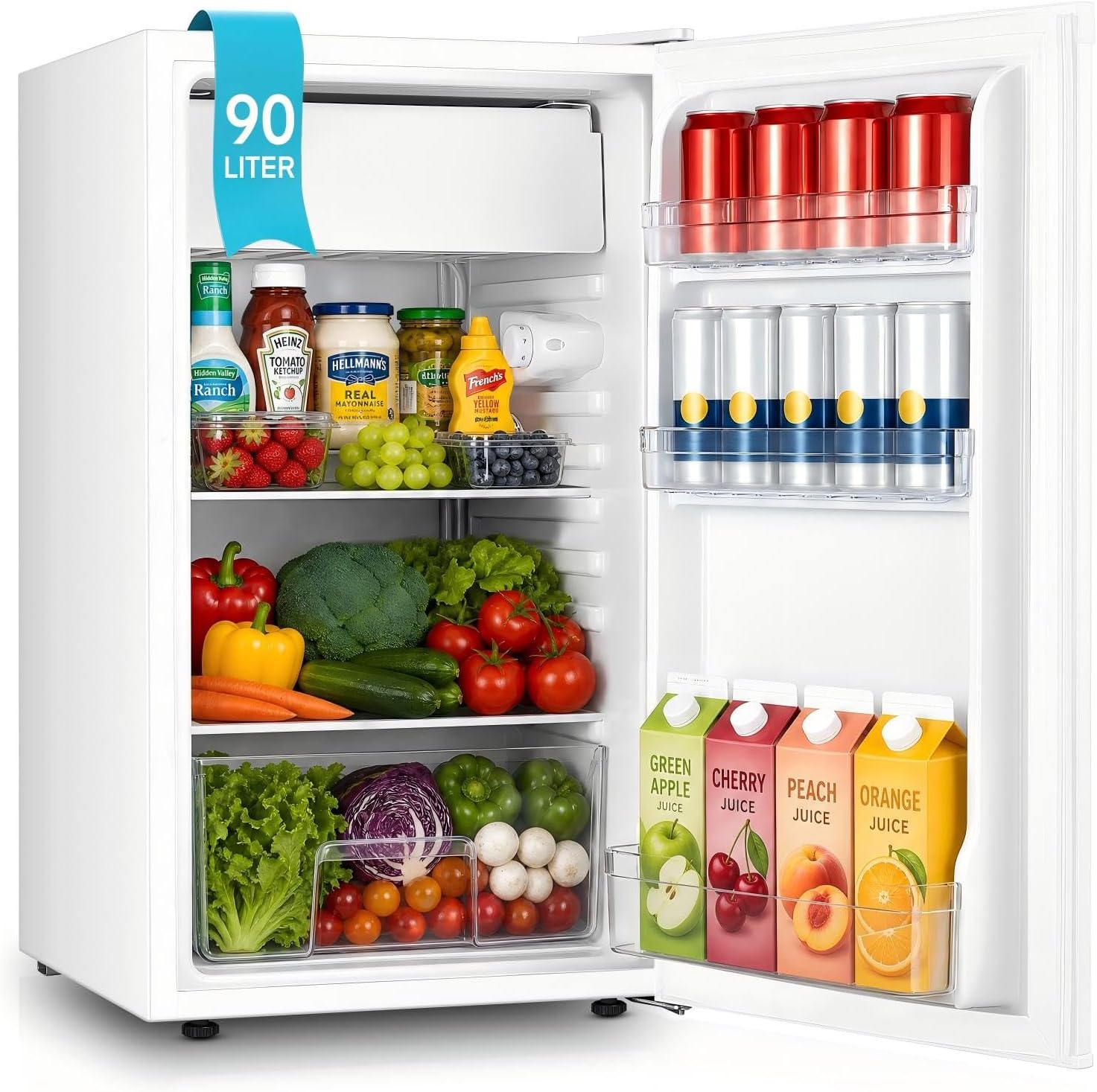 FOHERE Mini-Kühlschrank mit Gefrierfach, 90 l, 82-l-Kühlraum/8,5-l-Gefrierfach, 7 Stufen, 41 dB, 84 kWh/Jahr, Weiß