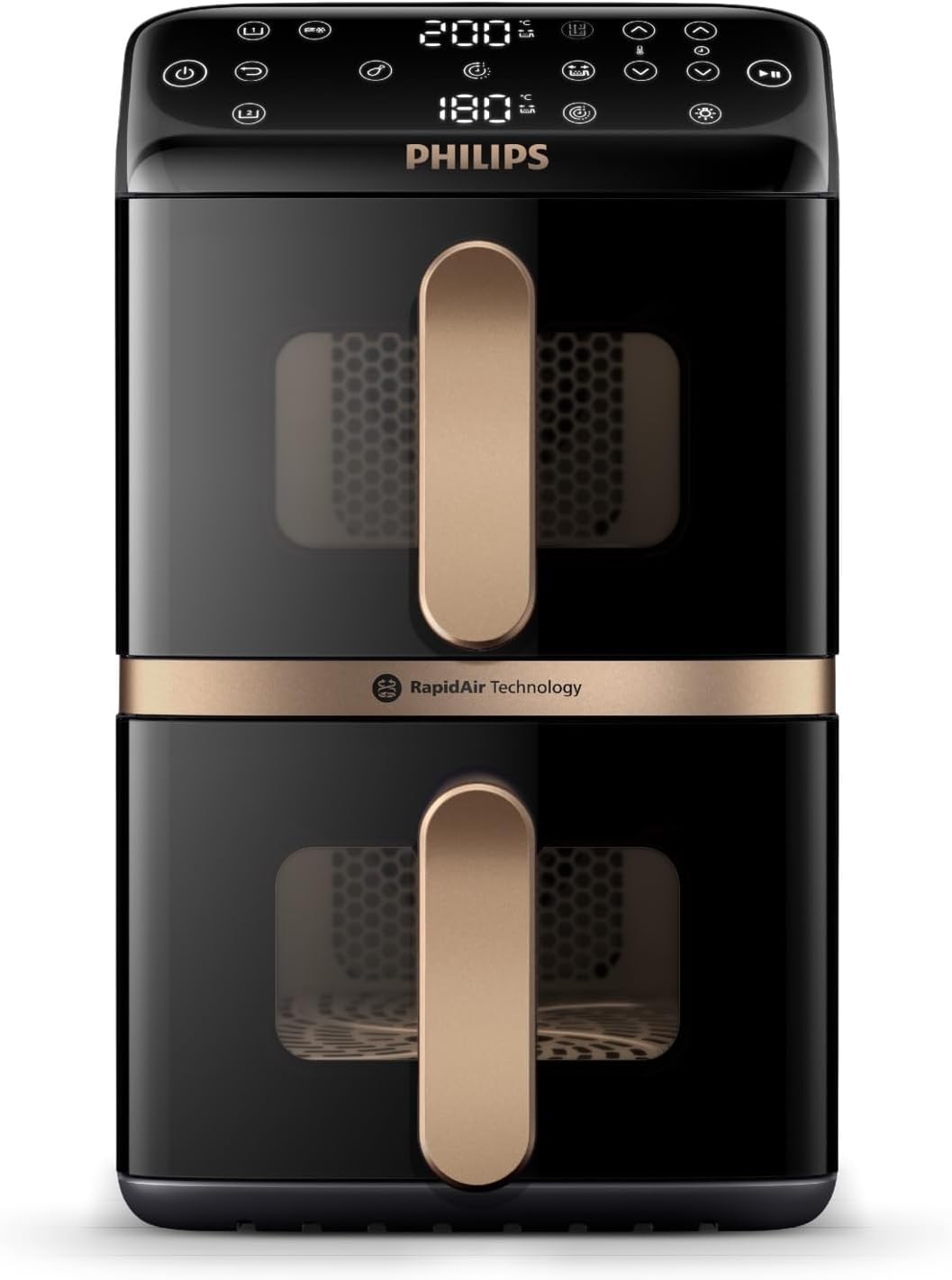 Philips Airfryer 4000 Series Stacked Dual Basket Tisch, Timer, Gestapelte Heißluftfritteuse mit 2 Körben, 10L, 45% weniger Platzbedarf