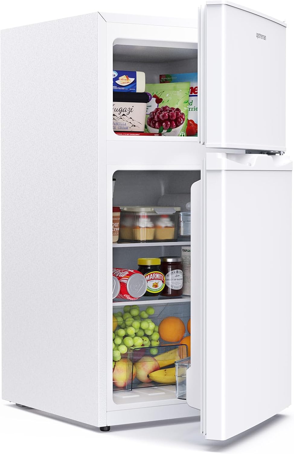 Upstreman 84L Kühl Gefrierkombination, Kühlschrank, 39 dB Leise und LED Beleuchtung，Kleiner Kühlschrank mit 2 Wechselbare Tür, TM84 Weiß