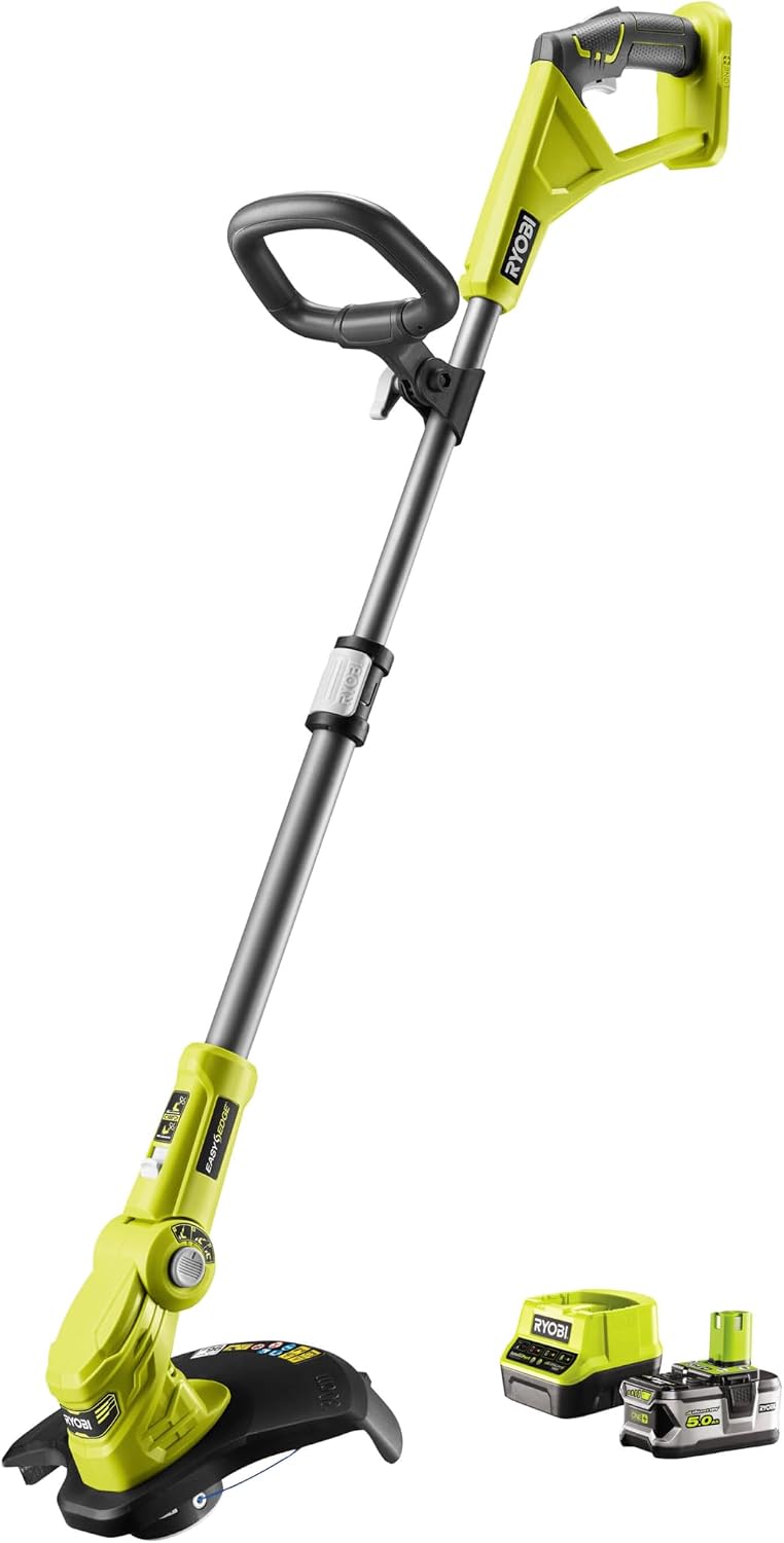 RYOBI ONE+ RLT183250F 18-V-Akku-Rasentrimmer und Kantenschneider, 25–30 cm, EasyEdge, Teleskopstiel, 5,0-Ah-Akku und Schnellladegerät