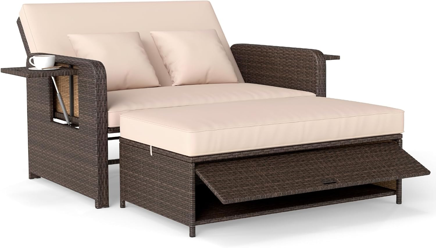 COSTWAY 3 in 1 Polyrattan Sonnenliege Bett, Gartensofa mit Hocker & Stauraum für Garten, Gartenliege mit Verstellbarer Rückenlehne & Seitenablagen