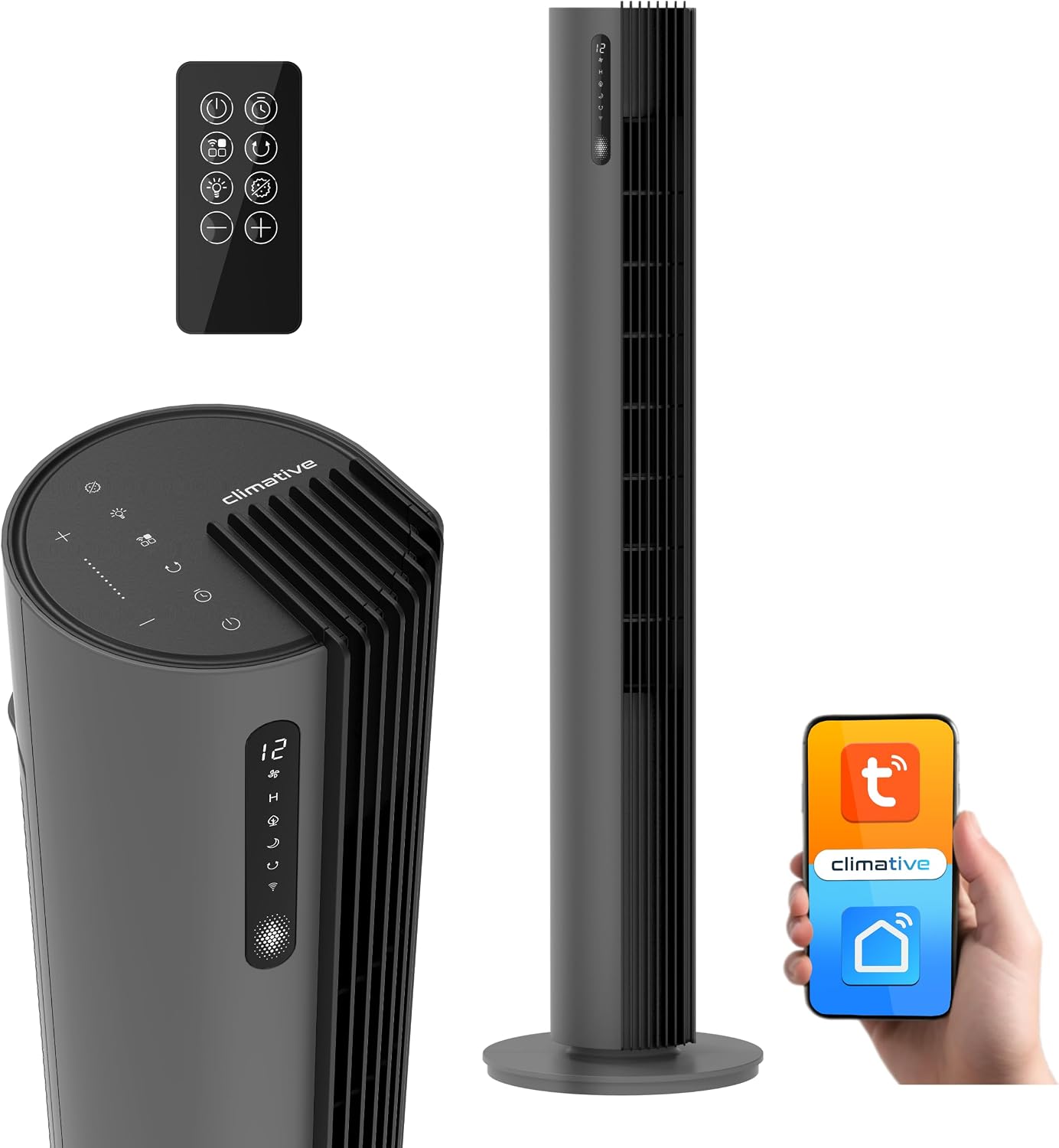 Turmventilator 110 cm PURE Plasma Ionisierung WiFi Tuya Smart Life, Energiesparender 30 W DC-Motor, Timer, App-Steuerung, Oszillation, Display