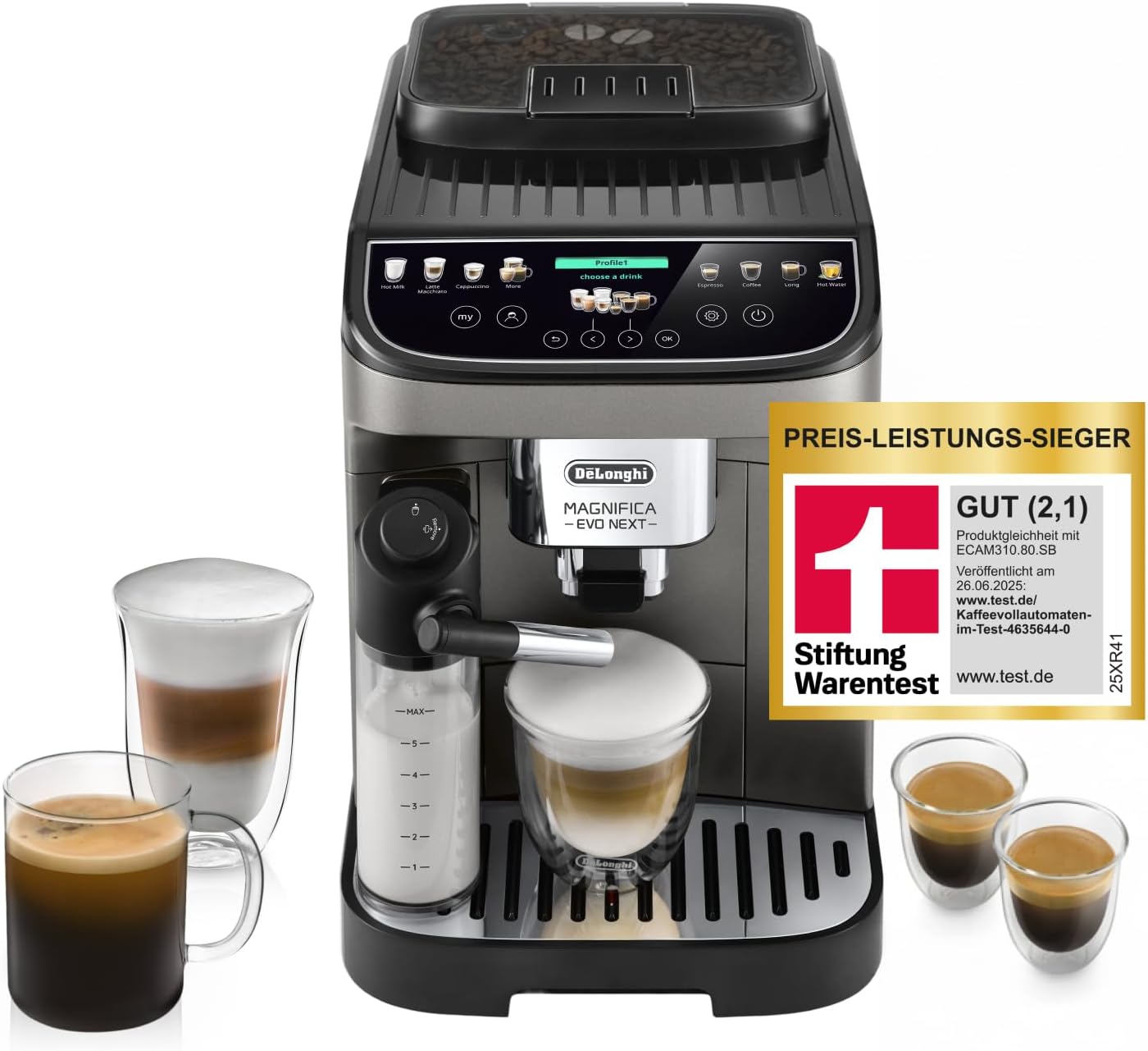 De'Longhi Magnifica Evo Next - Perfetto Kaffeevollautomat, farbiges Touch-Display, 13 One-Touch-Getränke, Coffee- und Cappuccino Kaffeemaschine
