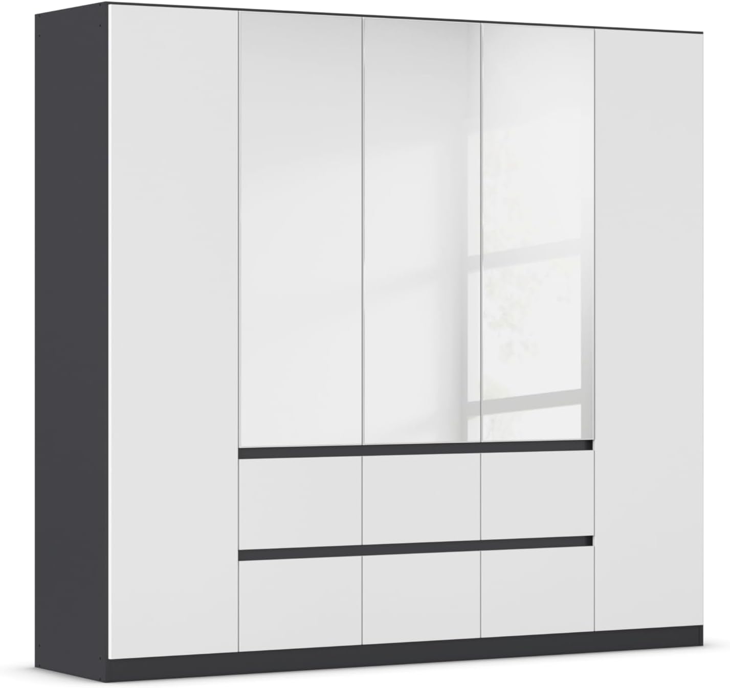Rauch Möbel Mainz Schrank, grifflos BxHxT 226 × 210 × 54 cm, Stauraum, 5-türig Spiegel, 6 Schubladen, Zubehörpaket Basic 3 Einlegeböden