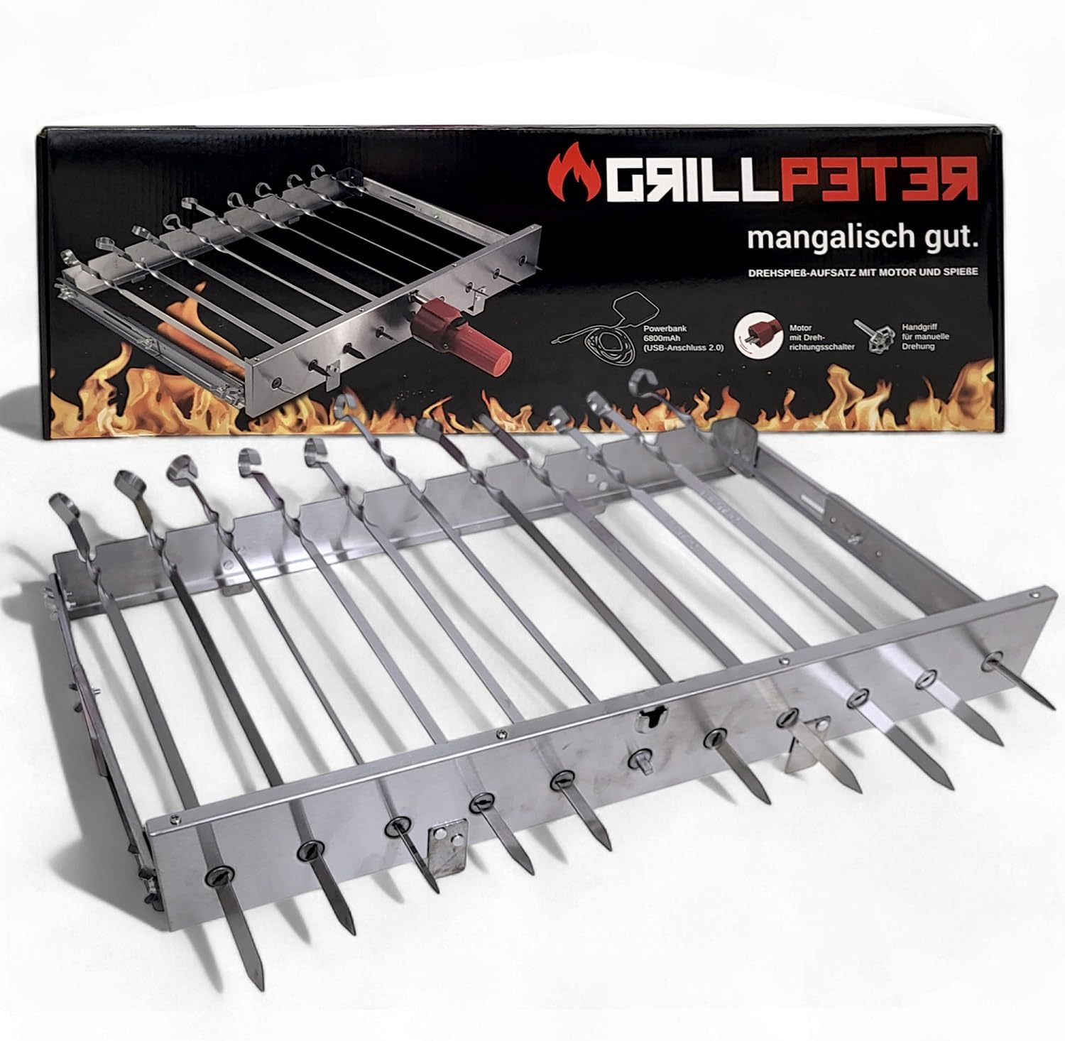 Grillpeter Schaschlik Spießdreher aus Edelstahl, Motor mit Powerbank Spieße für Mangal (für 11 Spieße)