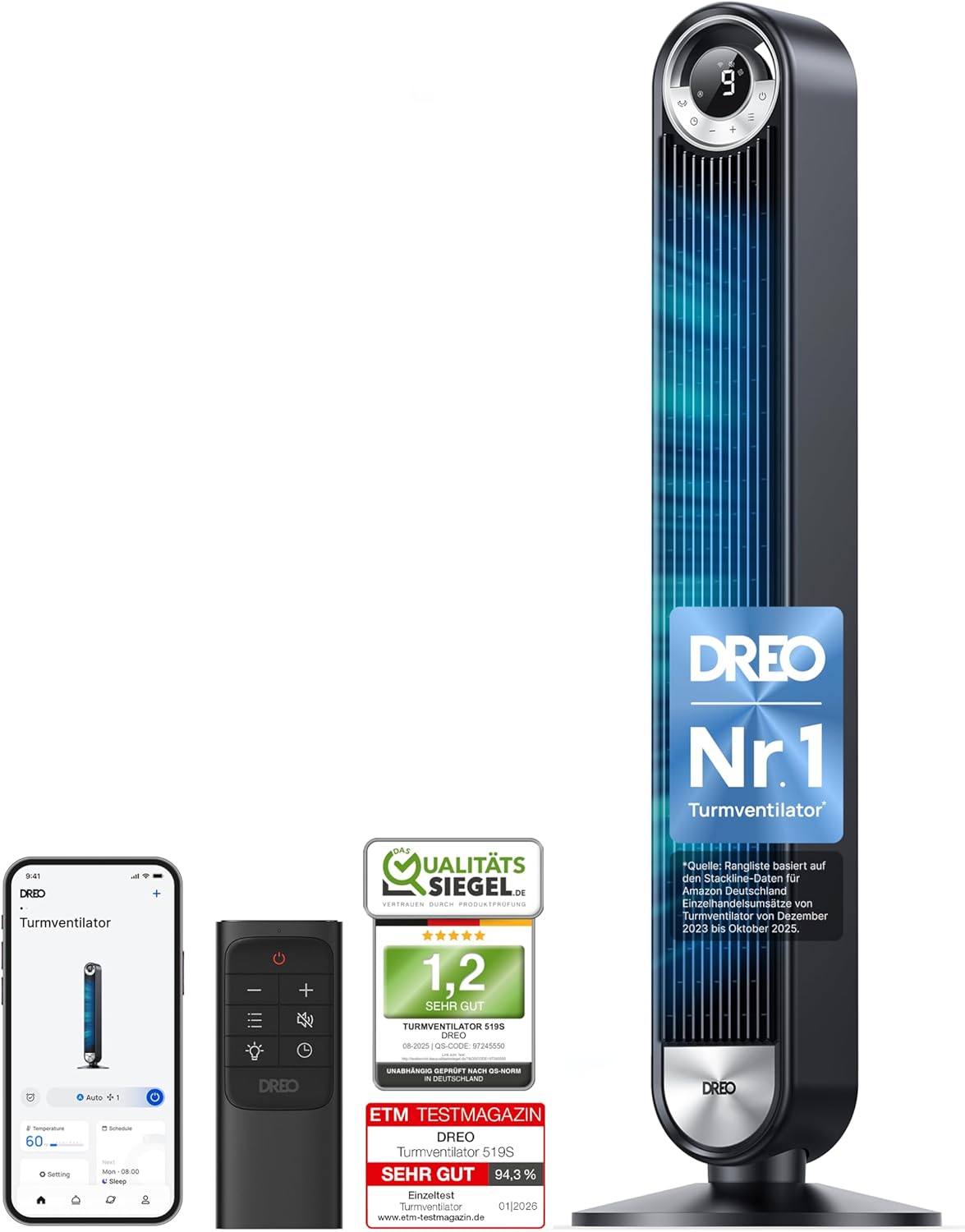 DREO 25 dB Leiser Smart Turmventilator, 25 dB, Fernbedienung, Timer, Oszillation, Cruiser Pro T2S