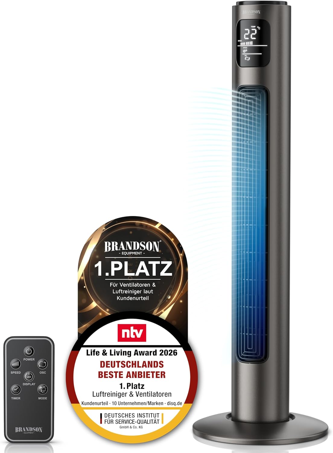 Brandson - Turmventilator, 96 cm, 38 dB, Turmventilator mit Fernbedienung, Timer, Oszillation, Preisträger 2026, Oszilation 60