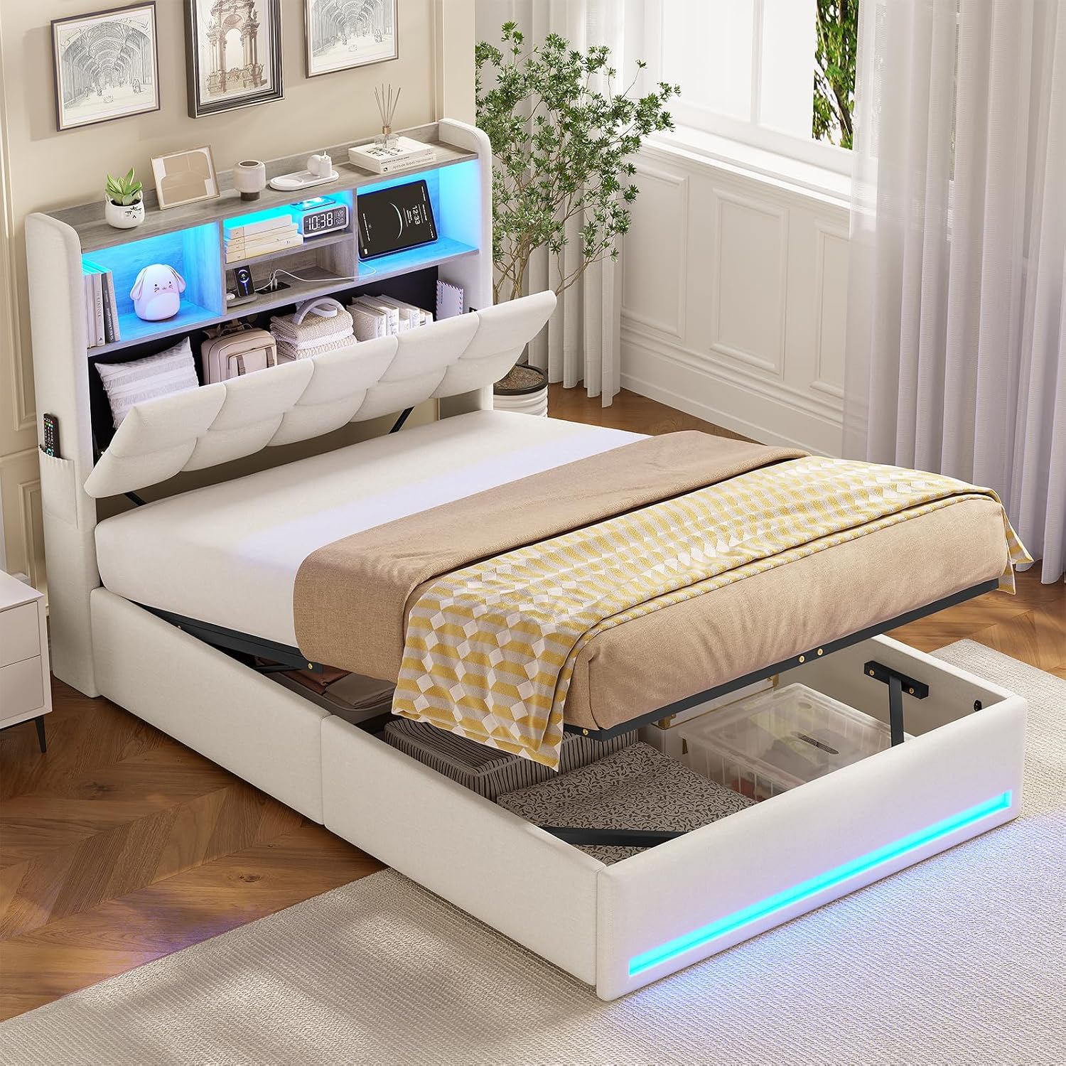 AOGLLATI Polsterbett, 90 × 200 cm), Fernbedienung, App-Steuerung, LED-Beleuchtung, Stauraum