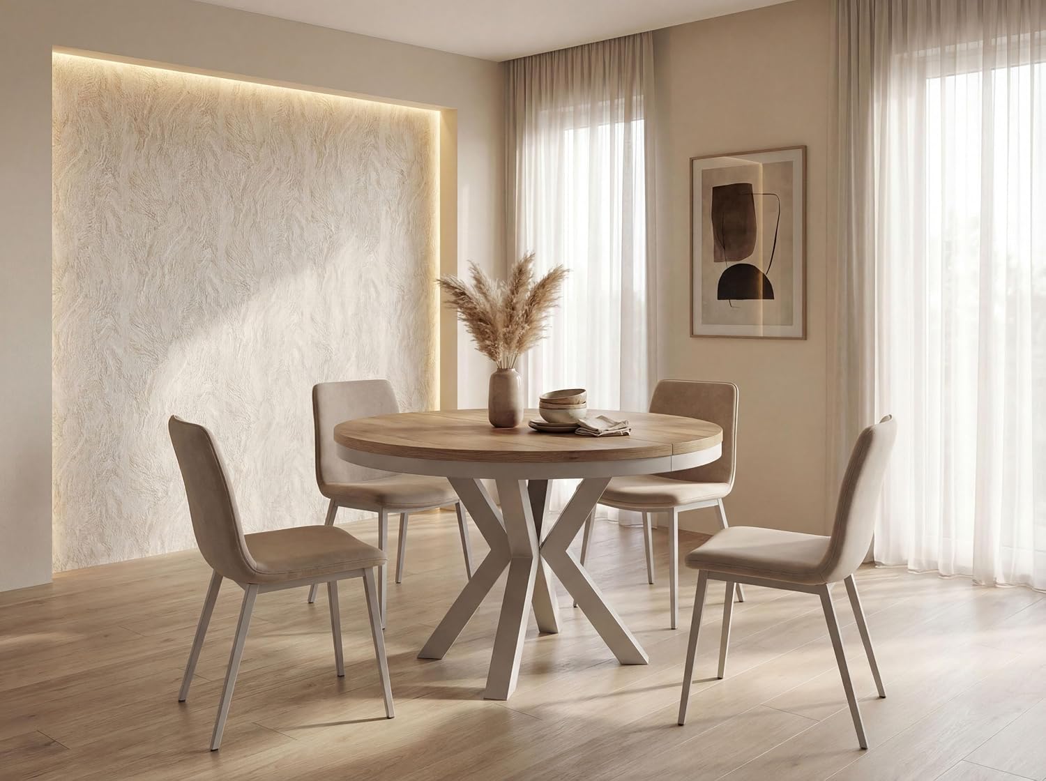 WFL GROUP Runder Ausziehbarer Esstisch, 100 bis 180 cm, Industrieller Tisch mit Grau-Beige Kaschmir Metallbeinen