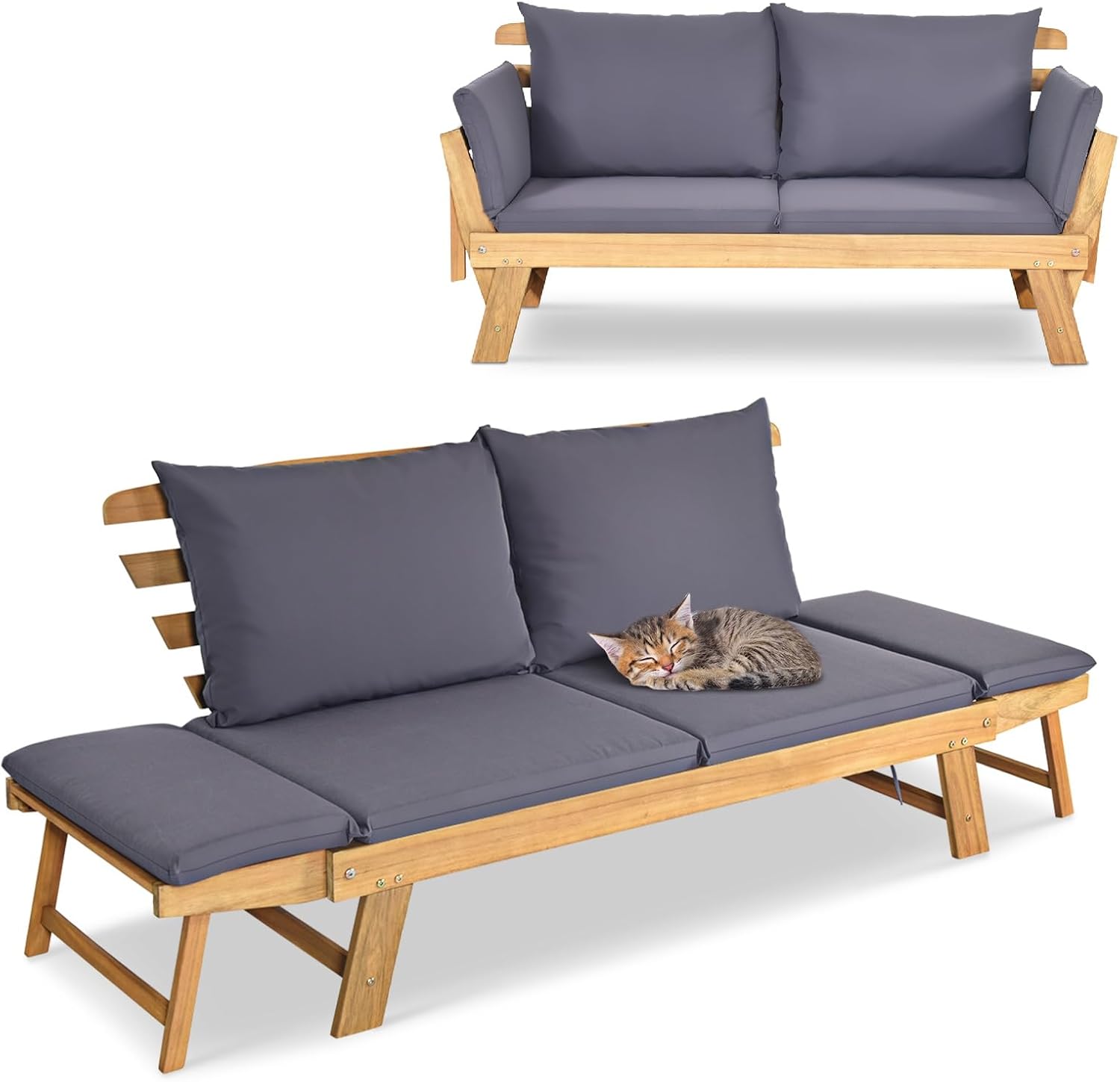 GIANTEX Gartenbank, Gartensofa mit klappbaren Seitenlehnen, Sitzbank Outdoor aus Akazienholz, Loungesofa 3-Sitzer, 3-in-1-Design