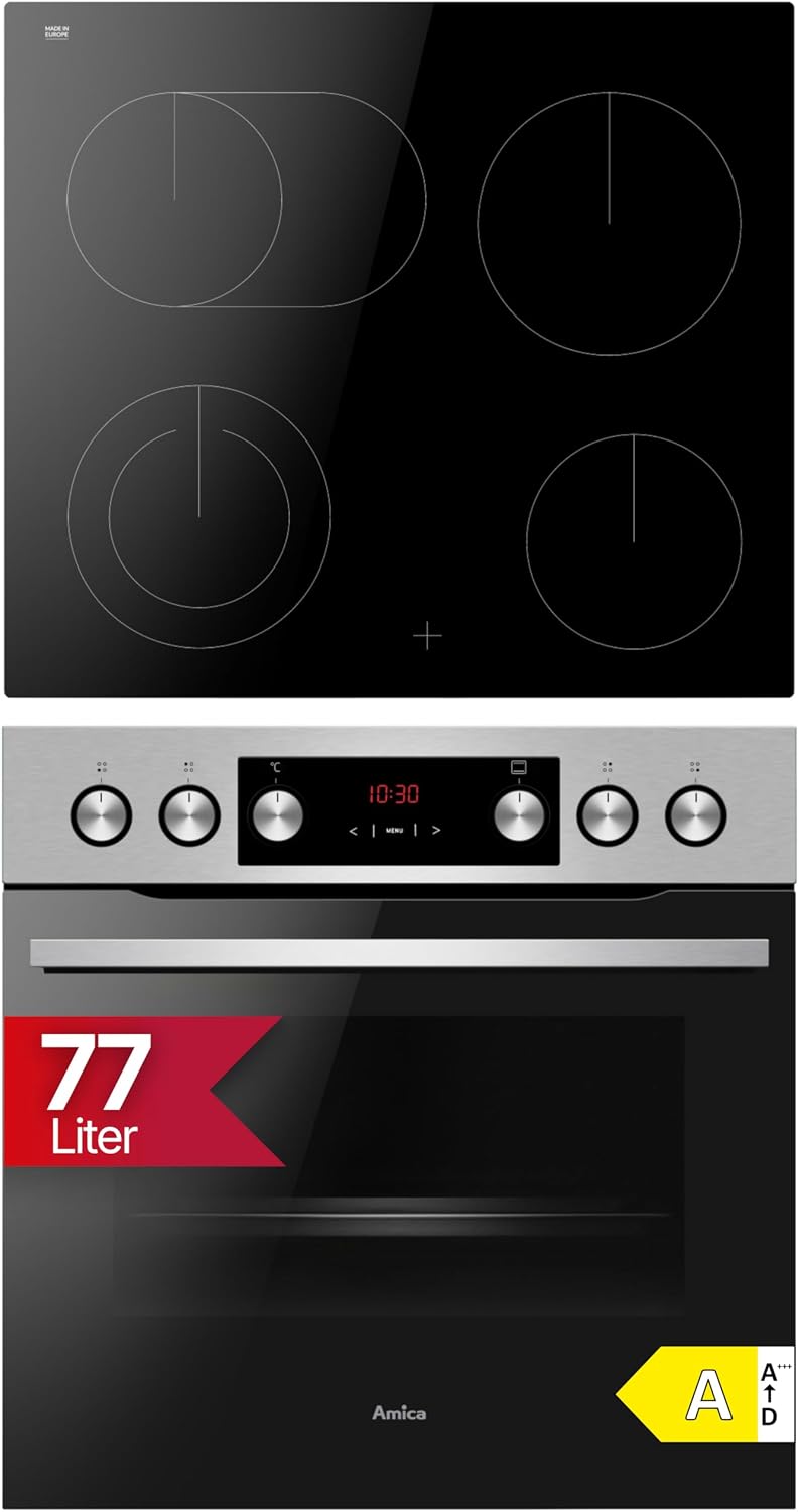 Amica Einbauherd Set 60 × 56 × 56 cm 77 l XXL Großbackofen, Timer, einbauherd mit rahmenlos Glaskeramik-Kochfeld edelstahl