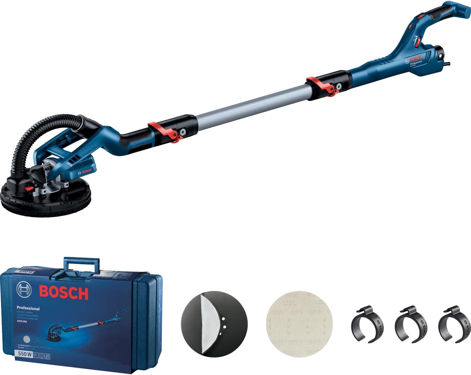 Bosch Professional Trockenbauschleifer GTR 55-225 (550 Watt, Schleifteller-Ø 215 mm, 1x Schleifblatt M480, 1x Schleifteller-Set weich, 3x Kabelclip