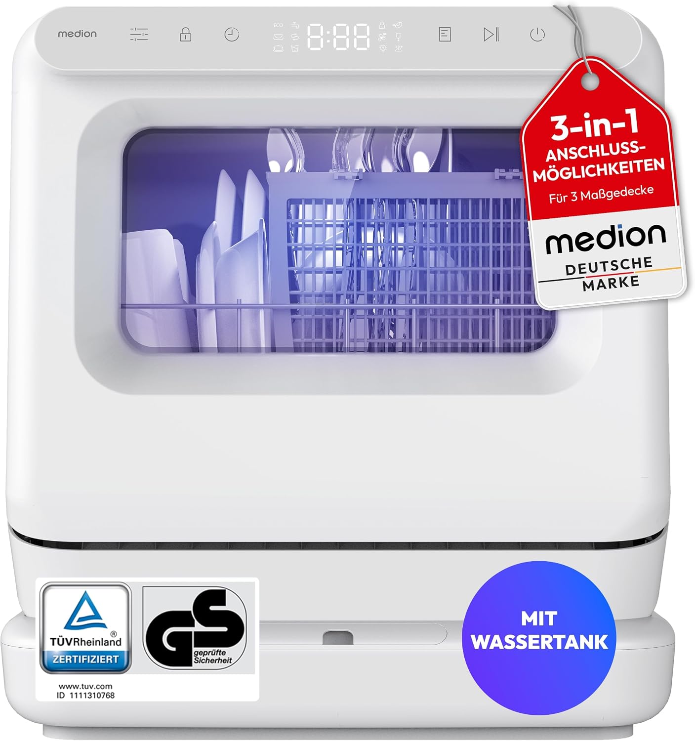 MEDION Mini Geschirrspüler, Display, 3 Maßgedecke, 3in1 Tischgeschirrspüler, 6 Programme, MD370022