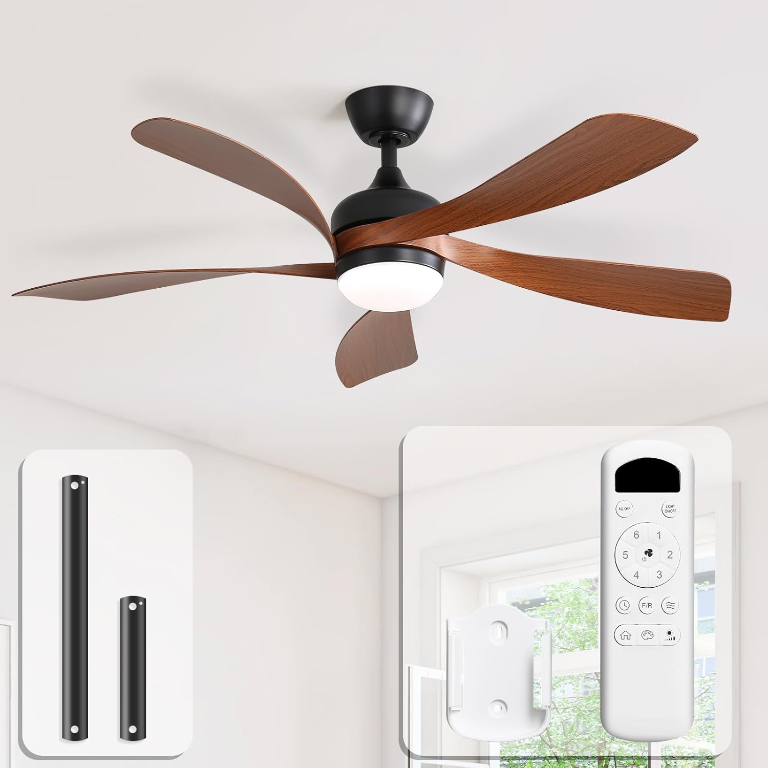 Sofucor Deckenventilator, 132 cm, 30 dB, Timer, Fernbedienung, 5 Flügeln, 3 Farbtemperatur, 6 Geschwindigkeiten, Vor- und Rücklauf, dimmbares Licht