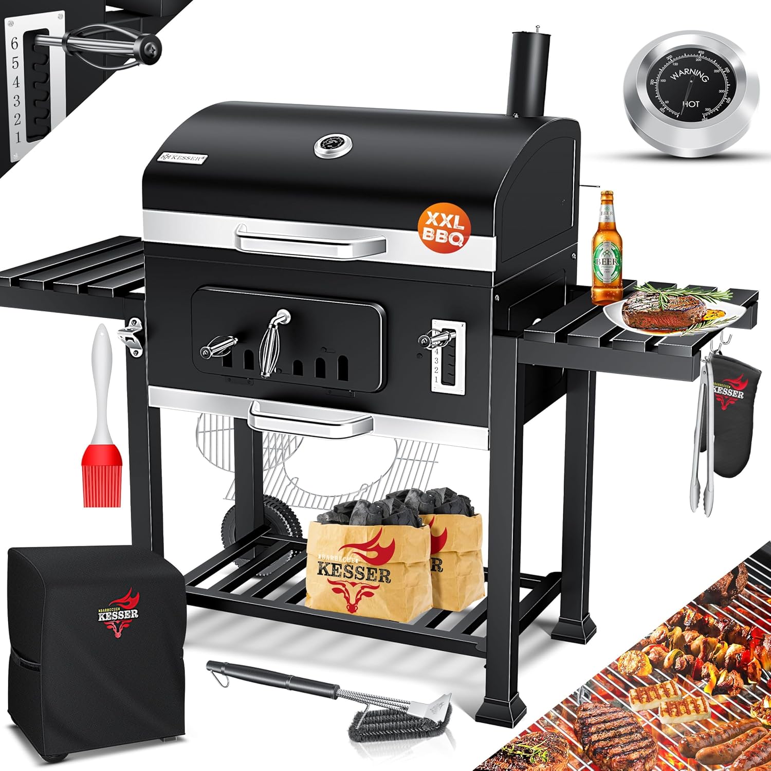 KESSER Holzkohlegrill XXL Grillwagen Set mit Deckel & Thermometer, Stauraum