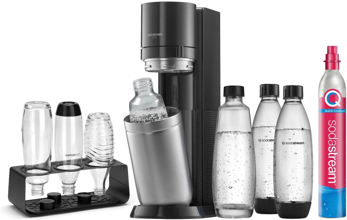 SodaStream Wassersprudler DUO Comfort-Set mit Quick-Connect CO2-Zylinder Schrank, 0,5 L, 2 × 1L Glasflasche, Farbe: Titan