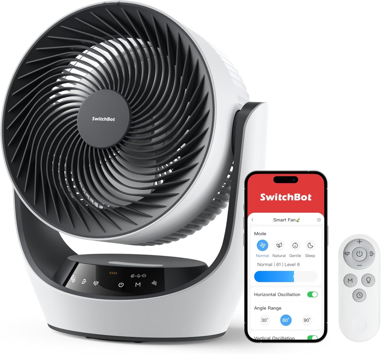 SwitchBot USB Tischventilator, 24 dB leiser Batterie-Umluftventilator, 9-Std-Timer, Fernbedienung, App-Steuerung, Oszillation, 4 Modi