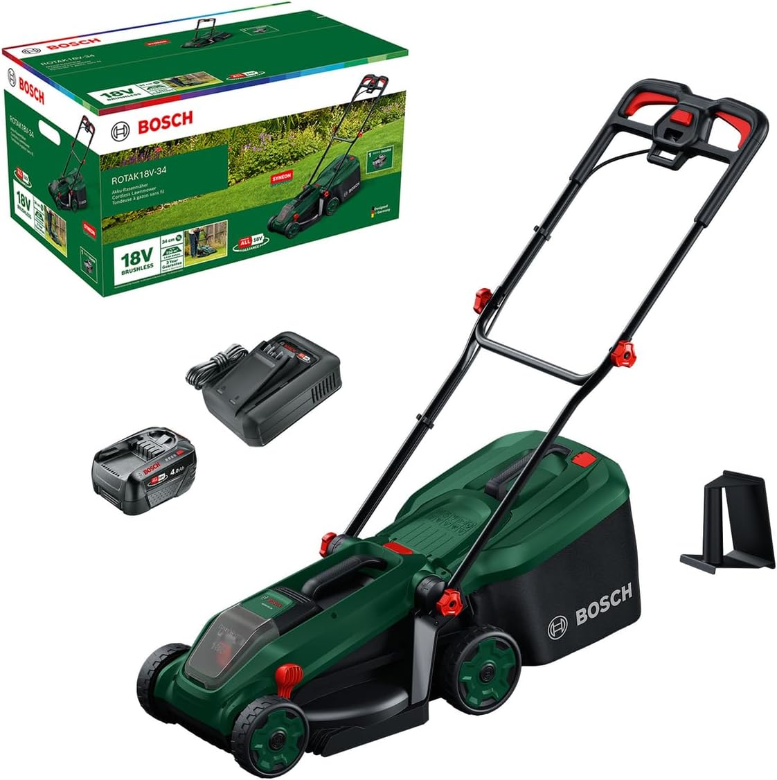 Bosch Akku-Rasenmäher, 35 l Stoff-Grasfangkorb, Schnitthöhe: 25-65 mm, ROTAK18V-34, Akku 18V 4