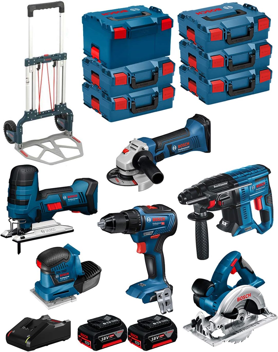 Bosch Professional BK601 18-V-Werkzeugset mit 6 Maschinen, 2 × 4,0-Ah-Akkus, GAL 18V-40, 6 L-BOXX-Koffern und Transportwagen