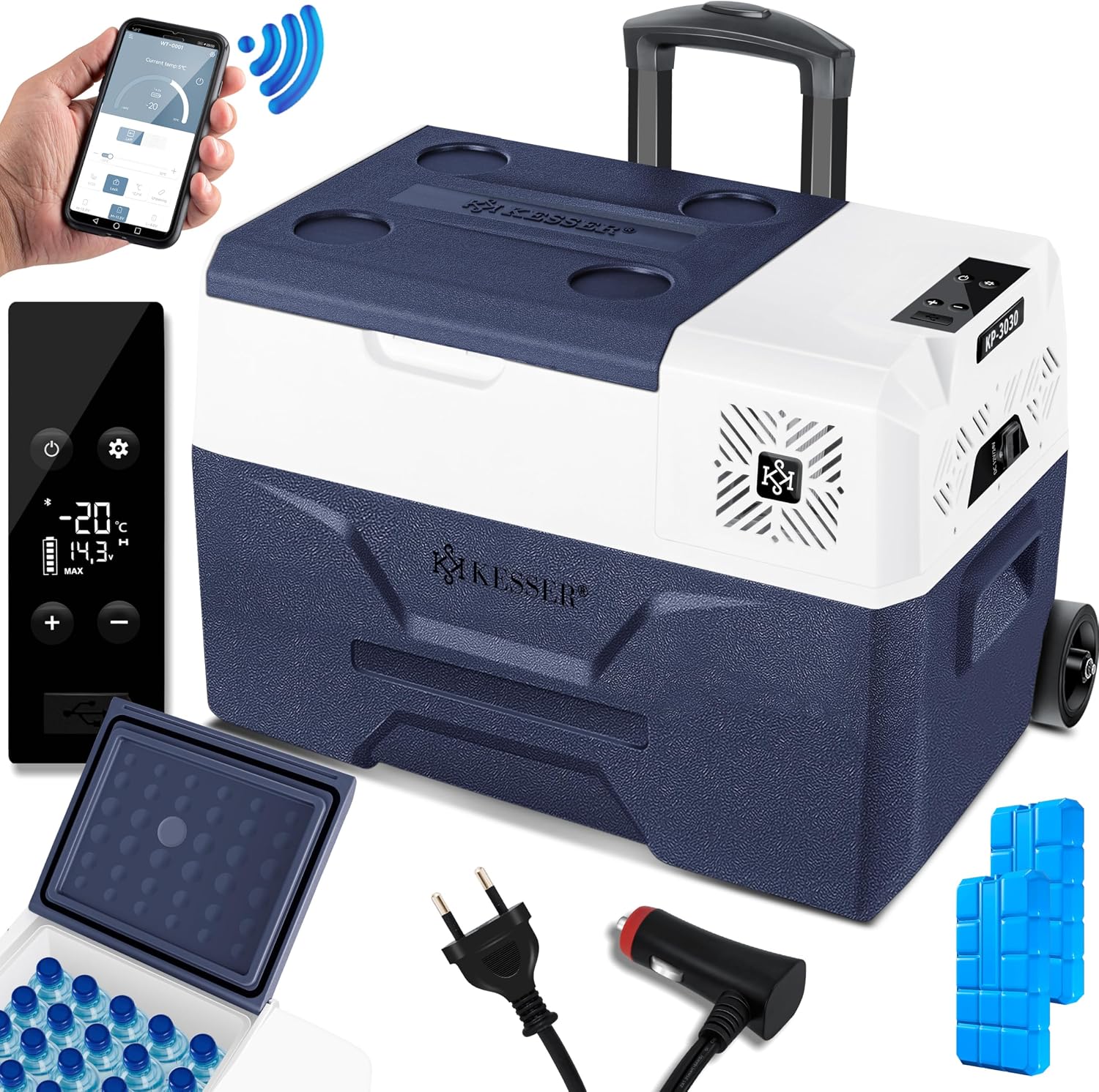 KESSER Kompressor Kühlbox, Camping Kühlbox 12/24/230V mit APP-Steuerung, Display, Gefrierbox bis -20 C, LKW & Boot + 2 Kühlakkus