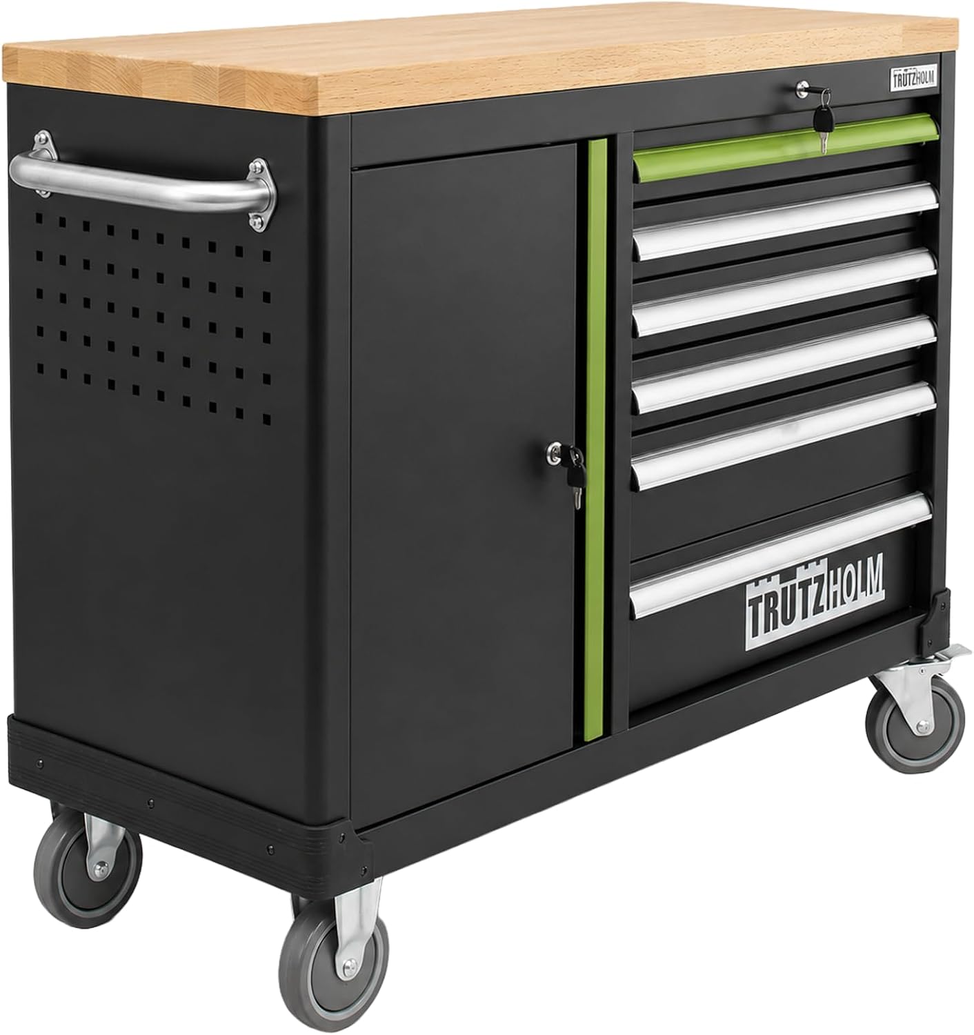 TRUTZHOLM Werkzeugwagen leer Deluxe Schrank, fahrbare Werkbank 108 × 46,5 × 77 cm, Stauraum, Werkstattwagen mit 6 Schubladen & Türfach