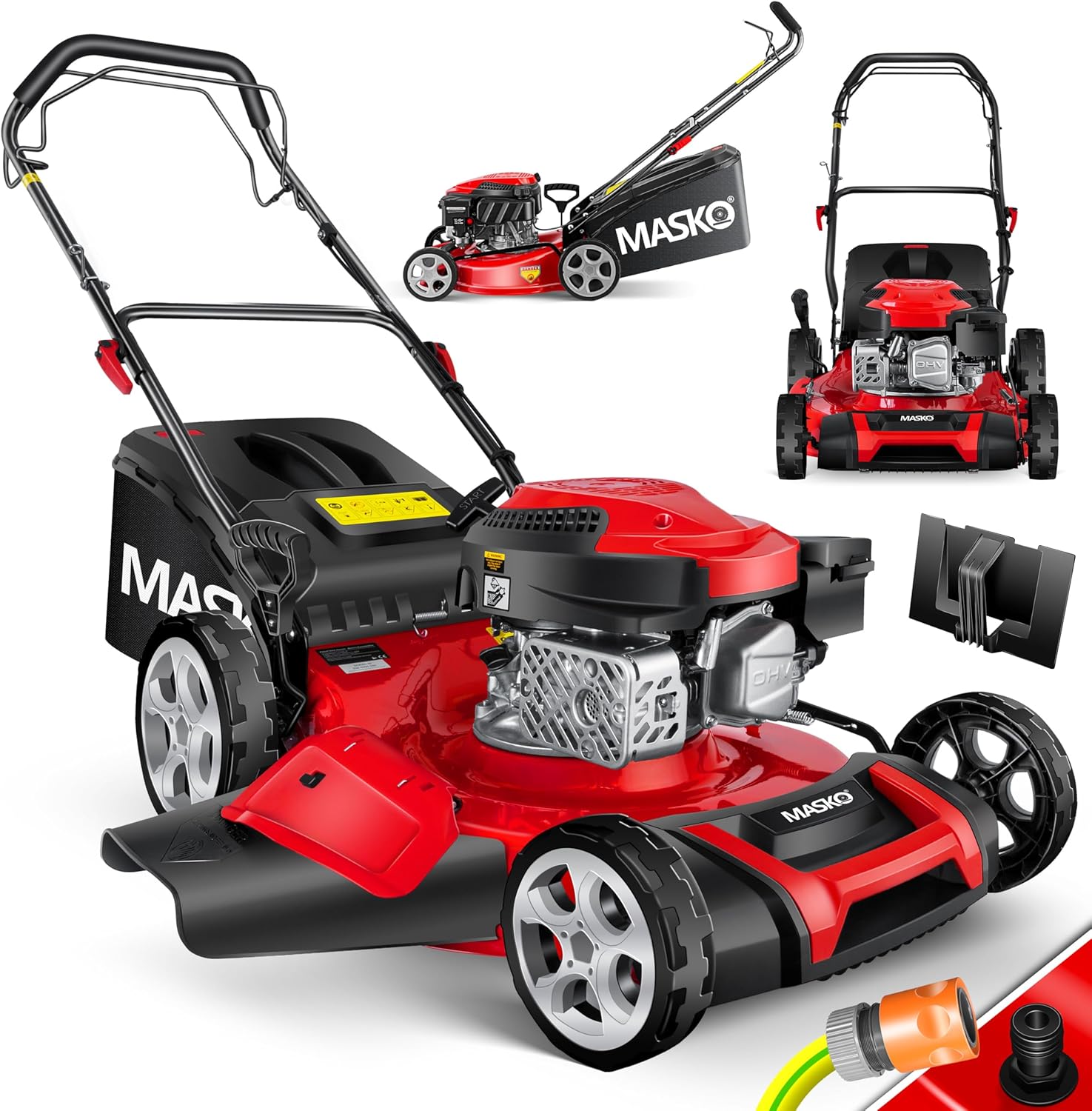 MASKO Benzin Rasenmäher, 51 cm Schnittbreite, 65 Liter Fangkorb| Inkl. Mulch- Kit, 2 kW, 50 L, 8- fache Schnitthöhenverstellung