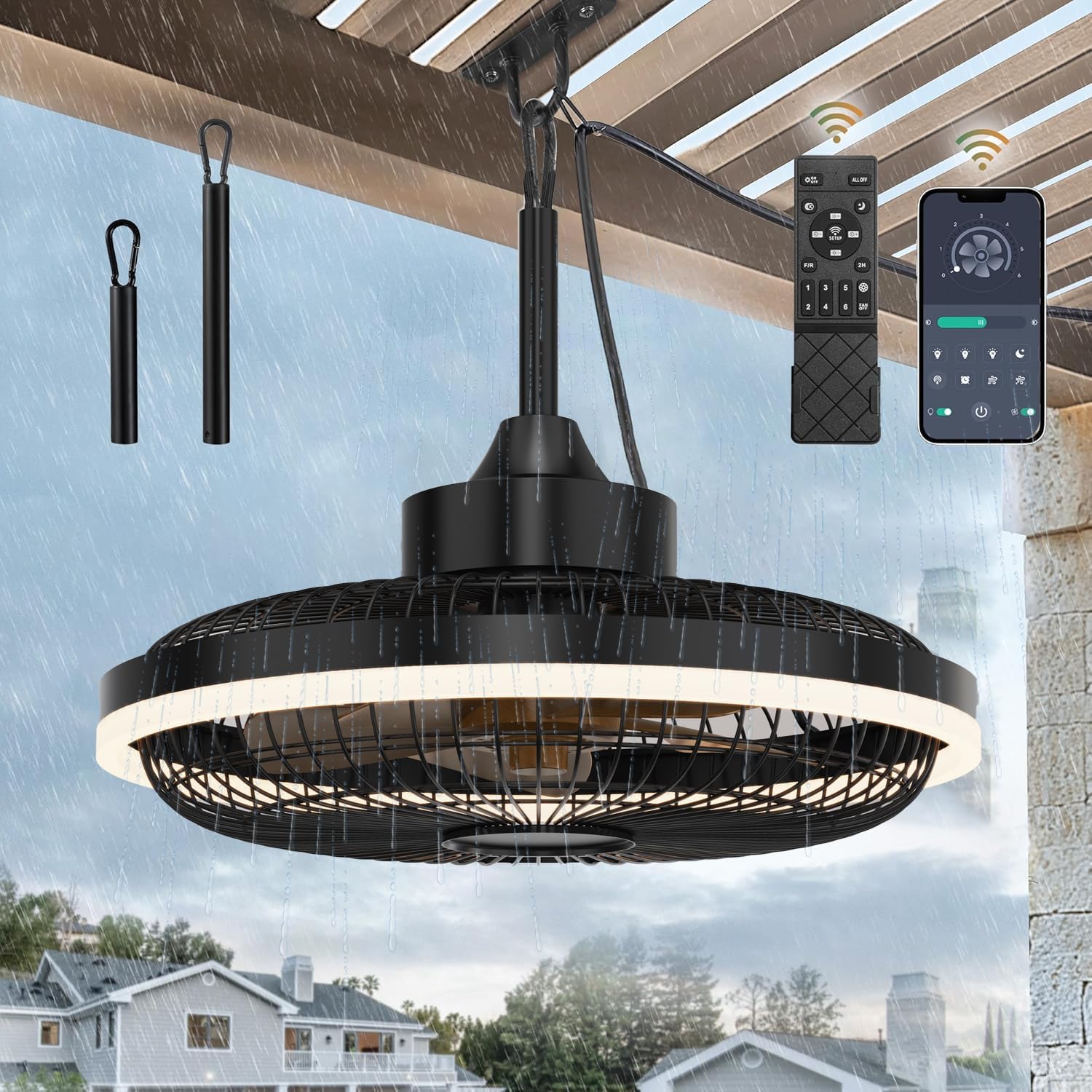 IP65 Outdoor-LED-Deckenventilator mit Licht, 3.000/4.500/6.000 K, 10–100 % dimmbar, reversibel, Timer, Fernbedienung, Schwarz