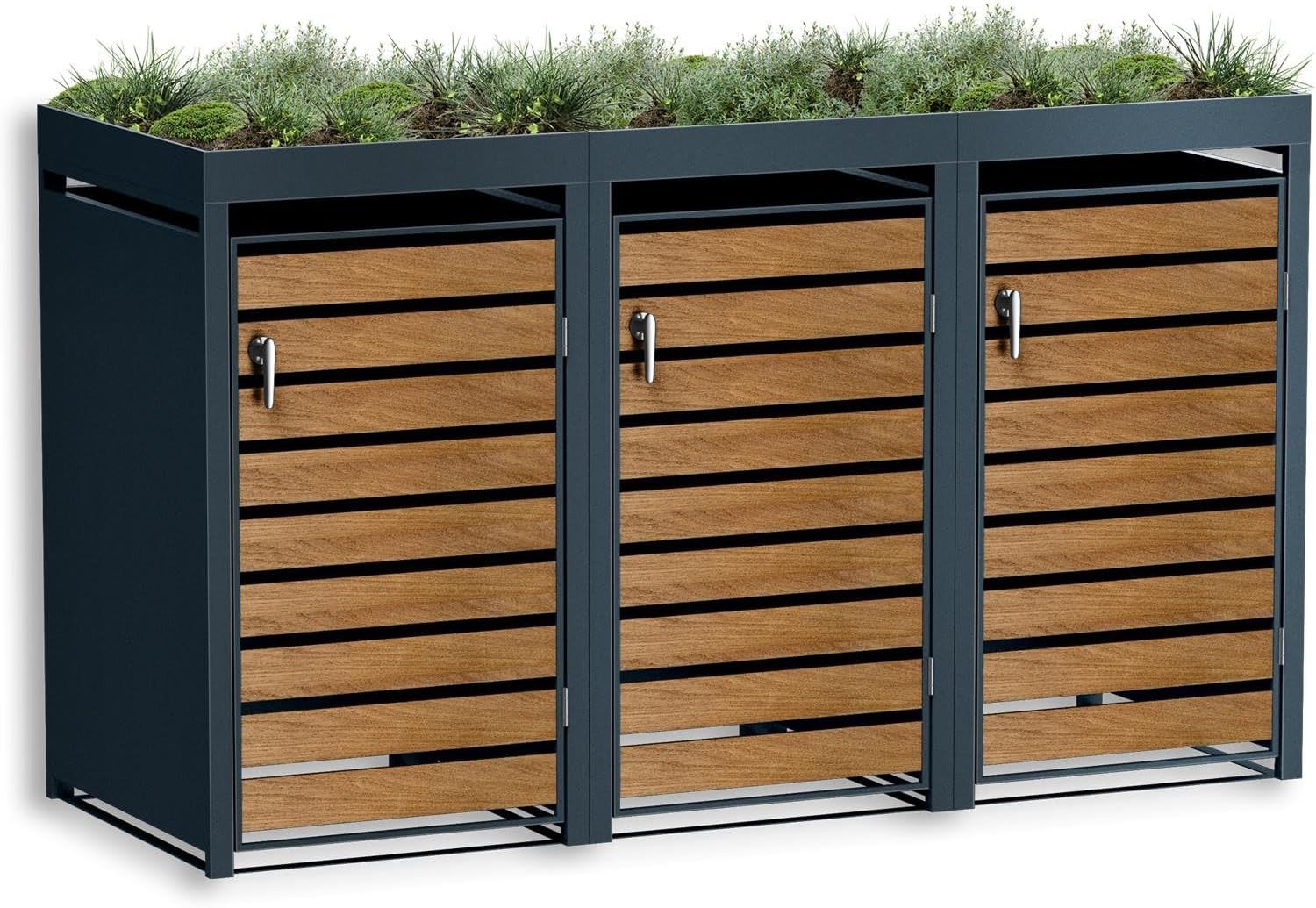 Metzler Mülltonnenbox 3er 240L in Anthrazit & Holzoptik mit Tisch, Mülltonnenverkleidung 3 Tonnen mit Automatikdeckel, wetterbeständig