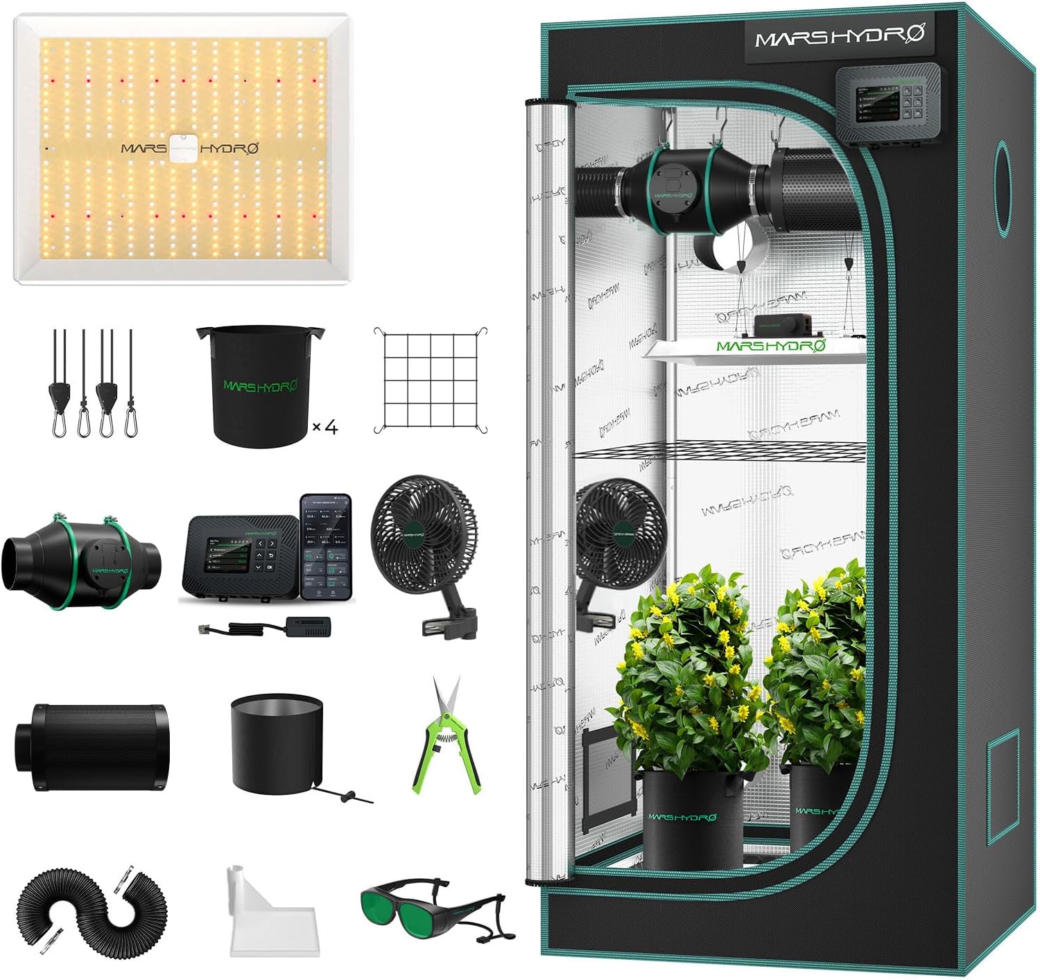 MARS HYDRO Smart Growzelt Komplettset mit WiFi-Integrierte Controller43 Tisch, 80 × 80 × 160 cm 1680D Hohe Reflektivität Grow Box Komplettset, Timer