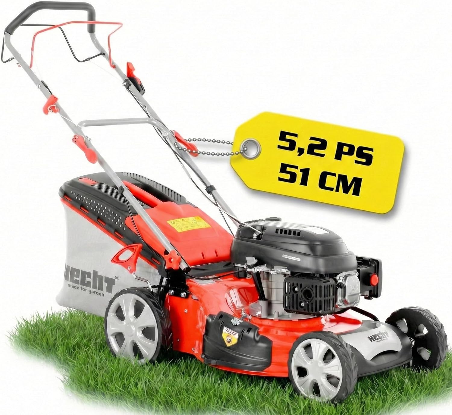 HECHT Rasenmäher, 51 cm Schnittbreite, 5-in-1 Mulchfunktion, 70L Fangkorb, 5,2 PS Benziner für Garten bis 1500 m²