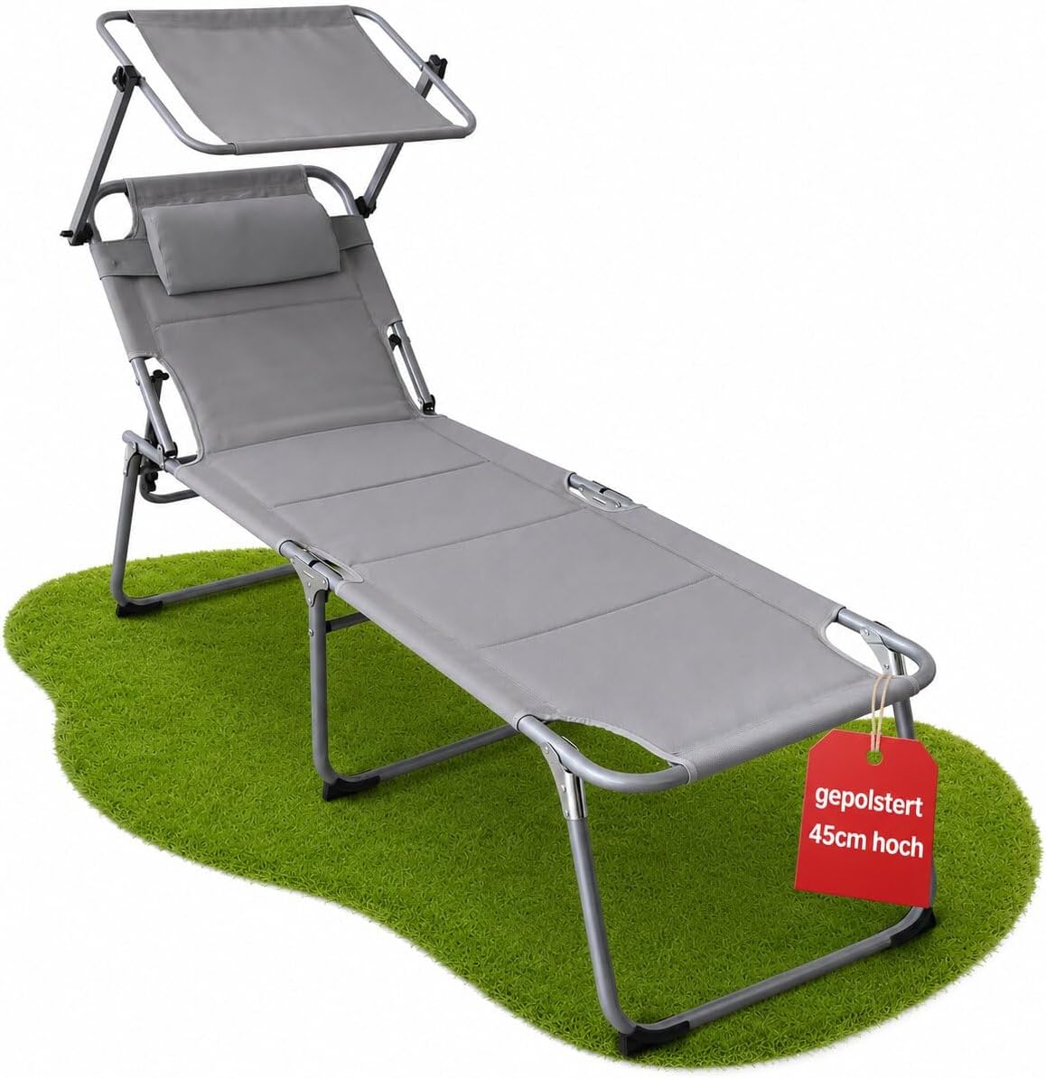 Gepolsterte klappbare Sonnenliege mit Sonnendach und Kopfkissen, 193 × 59 × 45 cm, 4 Positionen, bis 150 kg, Grau