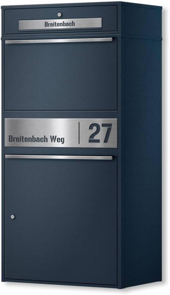 Metzler Paketbox draußen groß XXL, 54,20 kg, Briefkasten mit Paketfach in Anthrazit RAL7016, Personalisiert Edelstahl Namensschild Gravur