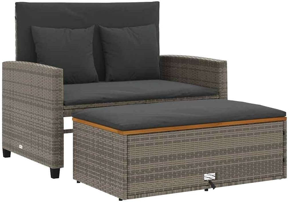 vidaXL Gartensofa mit Kissen 2-Sitzer, Outdoor Sofa, Grau Poly Rattan Akazienholz