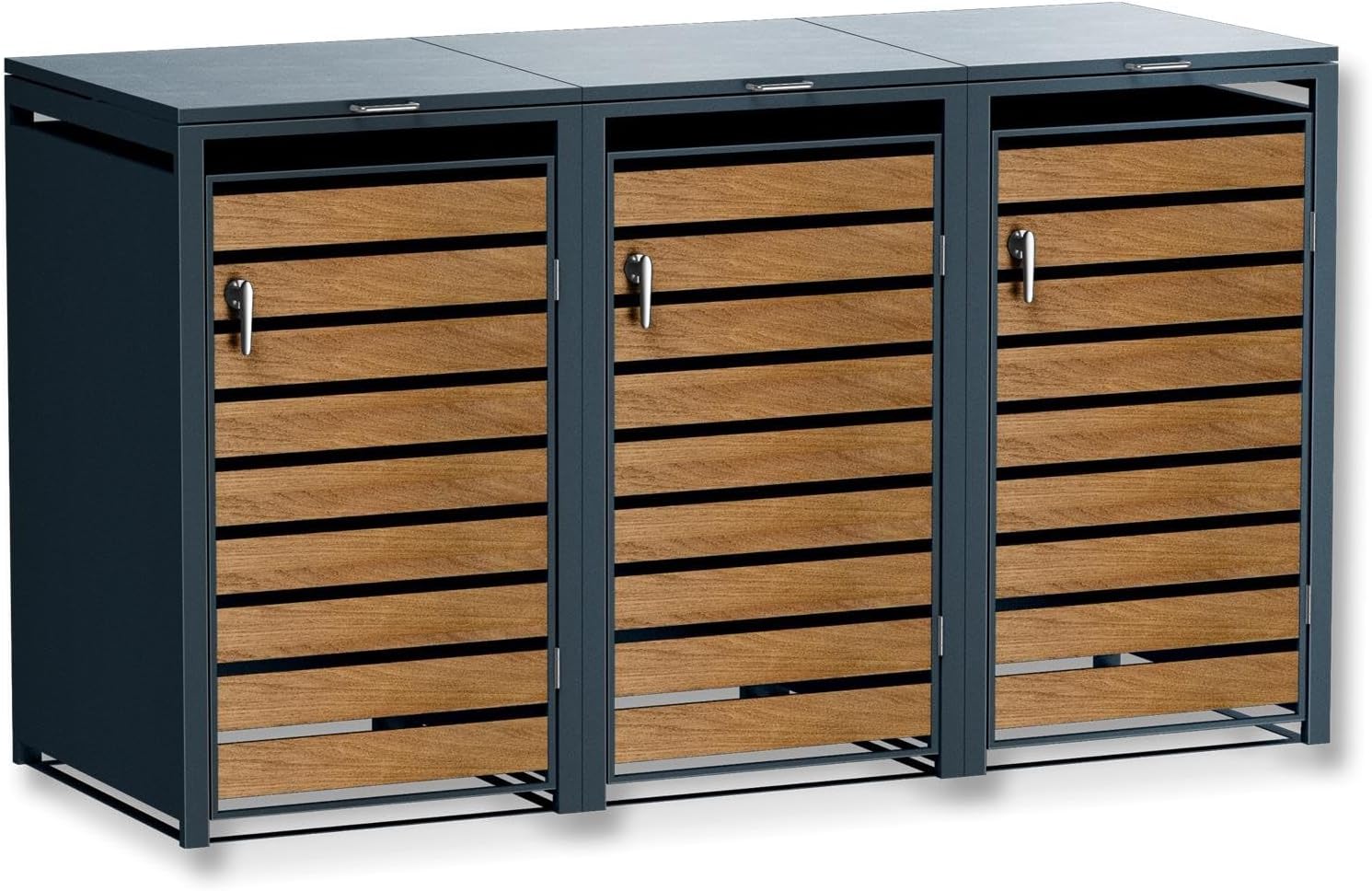 Metzler Mülltonnenbox in Anthrazit & Holzoptik 3er 240L Tisch, Mülltonnenverkleidung 3 Tonnen, einem Volumen von bis zu 240l hinein